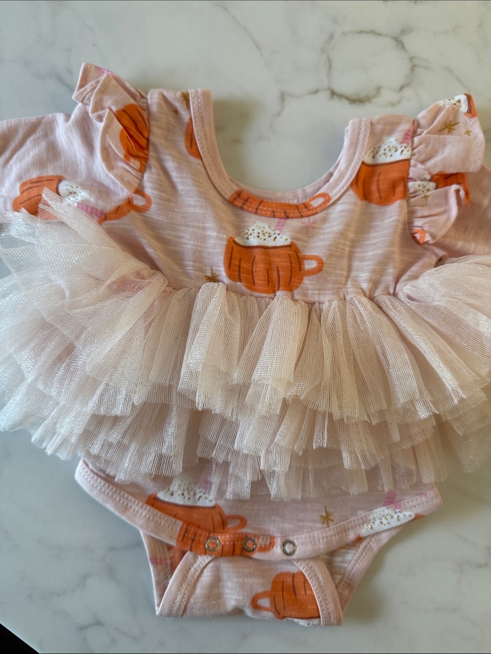 Pink Pumpkin Print Tulle Ruffle One-Piece for Girls 0-3